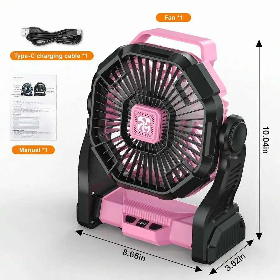 Batterijgevoede LED-lantaarn met koude lucht, tafelventilator met dubbele motor, 4 instelbare snelheden en ophanghaak, draagbare buitenventilator._voghion.com