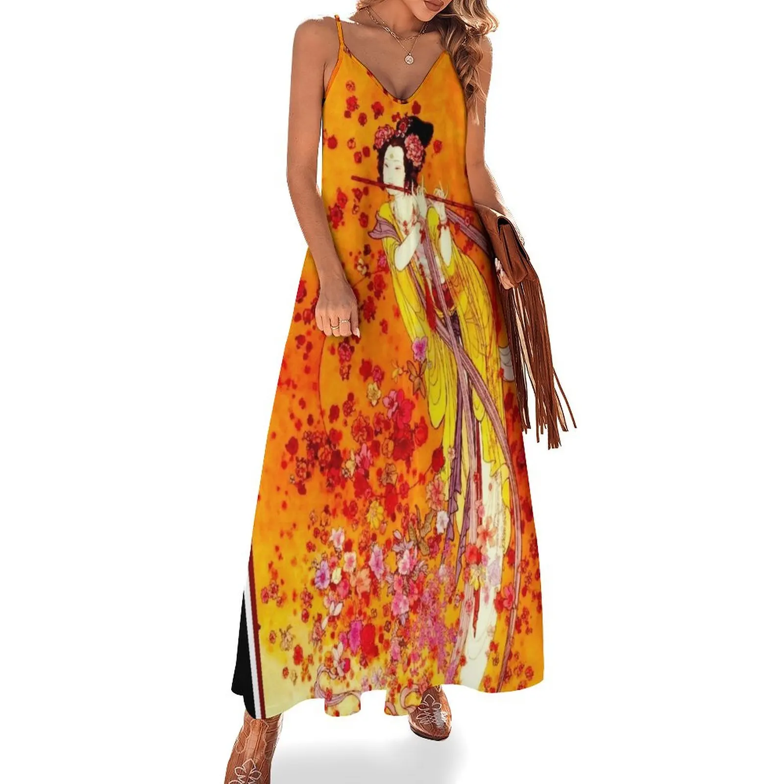 

JAPANESE GEISHA PLAYING FLUTE: Vintage Tourism Print Sleeveless Dress summer dress womens 2024 women formal occasion dresses