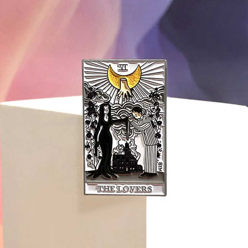 Comedy Tarot Card THE LOVERS Anime Brooches Gomez And Morticia Enamel Badge Pins Jewelry Gift Accessories