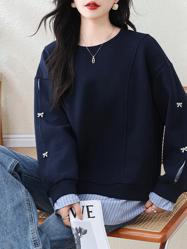 Casual Women's Faux Two-Piece Hoodie Spring Autumn New Sle European Loose Large Size Striped Patchwork Top Comfortable Cott...