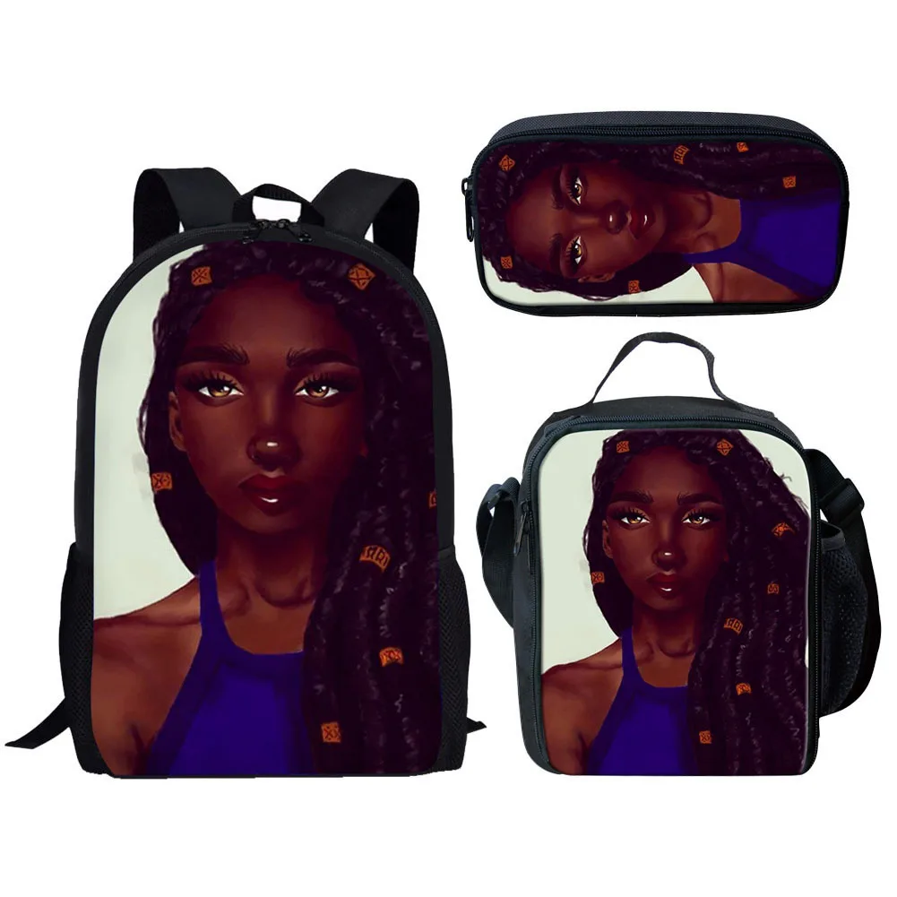Popular Funny black African Girls 3D Print 3pcs/Set pupil School Bags Laptop Daypack Backpack Lunch bag Pencil Case