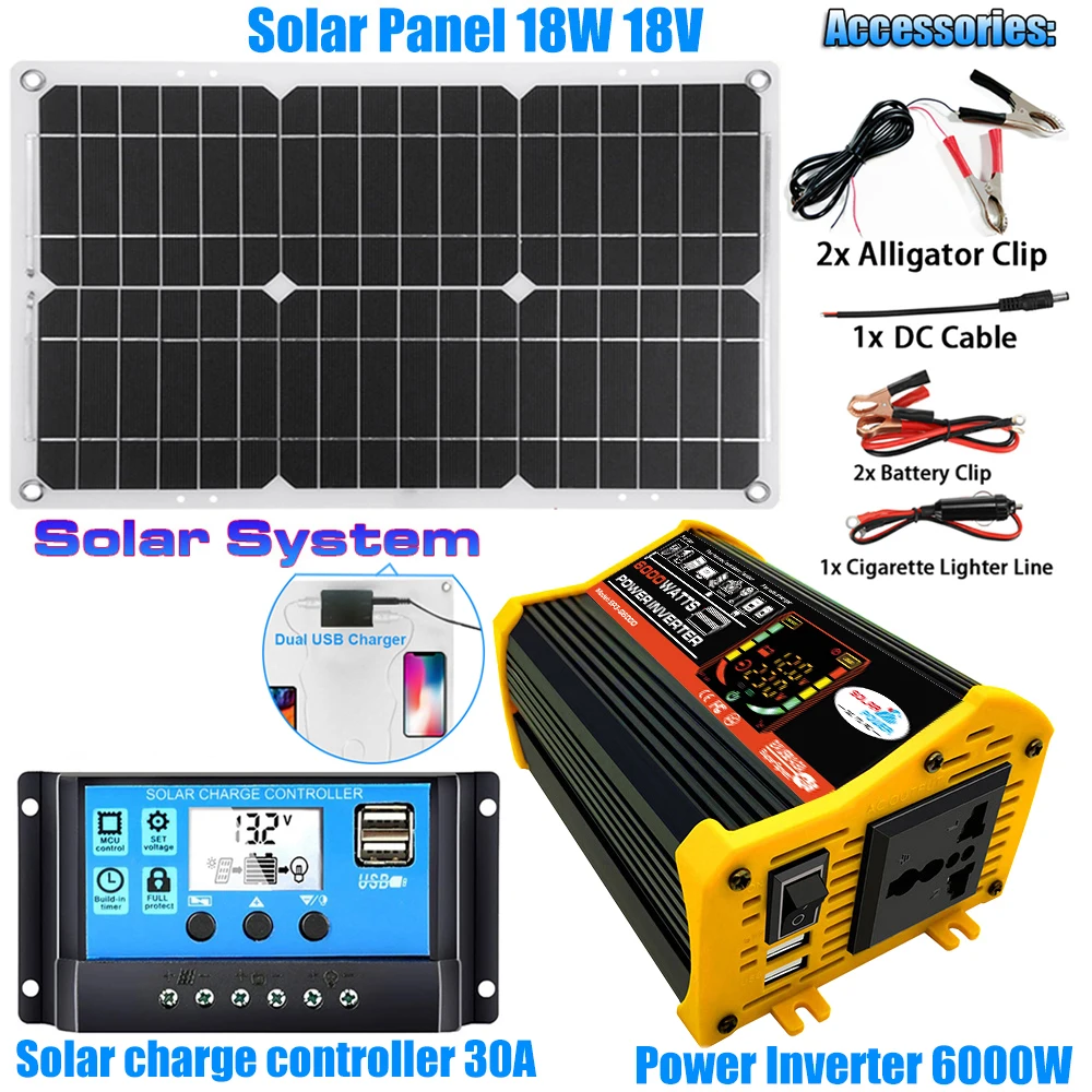 Kit Pannello Solare 6000W Sistema Di Energia Solare 12Vto 220V Caricabatteria Inverter Caricabatterie Controller Set Per Camper Rimorchio Da Viaggio C