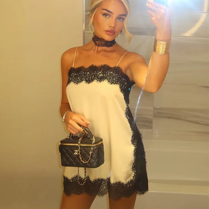 Elegant Sexy Lace Splice Satin Tops for Women Sleeveless Backless Beach Chic Tops Cropped Camisole Christmas Evening Party Tops