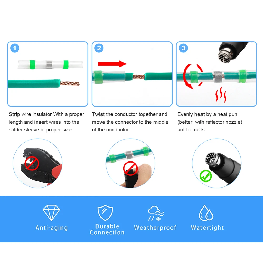 100pcs Waterproof Solder Seal Heat Connector Shrink Butt Connectors Lug Terminals Electrical Wire Car Insulated Terminal wire connectors heat shrink connector solder seal connector