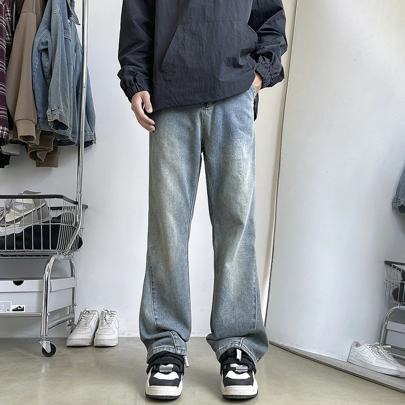 New Men's Patchwork Bootcut Jeans Elastic Waist Vintage Classic Blue Black Denim Trousers Fashion High Street Korean Male Pants 3