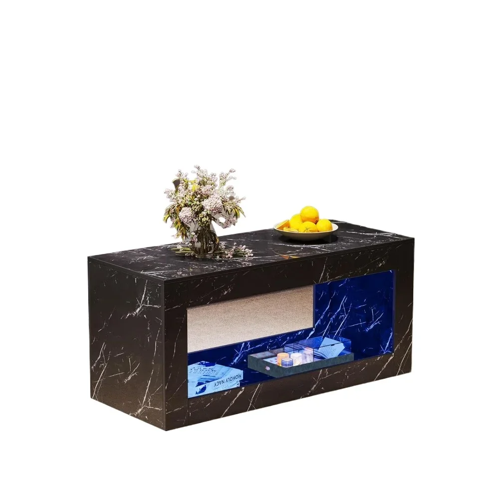 Coffee Tables, Modern High Gloss Marble Print Center Table with Open Storage and LED Lights for Living Room, Coffee Tables