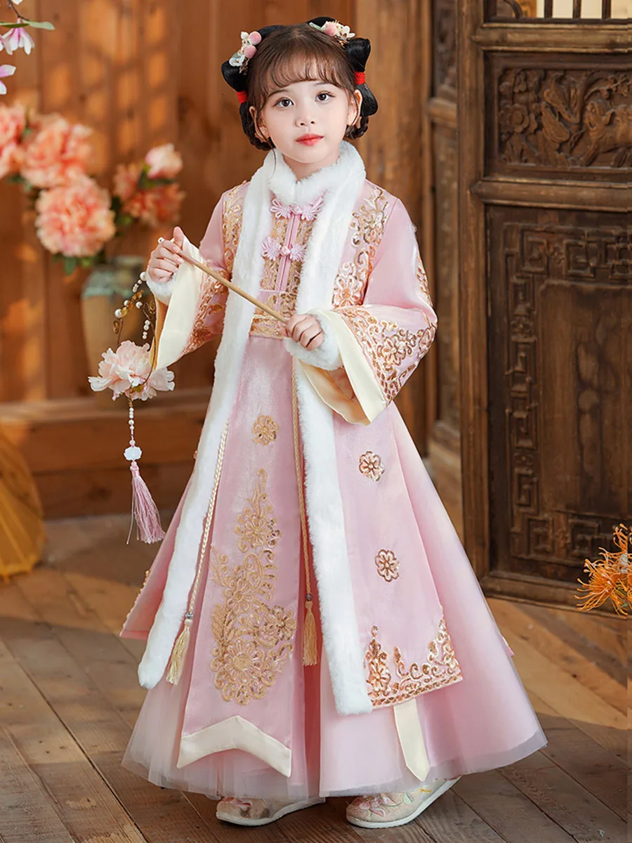 Kids Tang Suit Hanfu Baby Girls Winter Warm Embroidery
