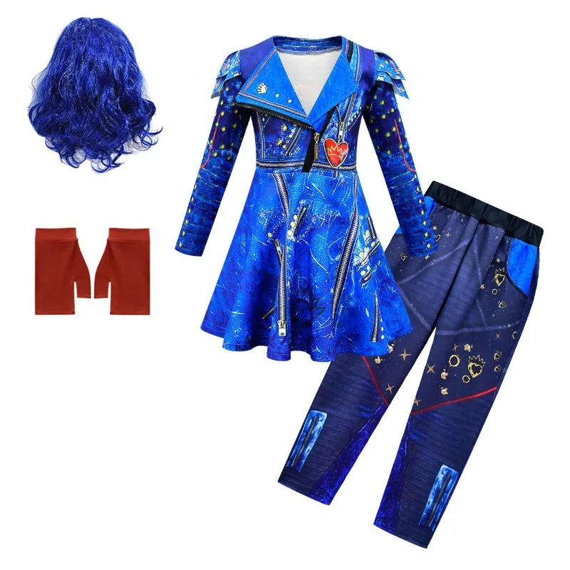 Cosplay Costume Kids Girls Dress Halloween Dress Outfit Blue Audrey Costumes Girl Carnival Costumes Kids Party Evie Descendants Mal Cosplay dress Halloween Party Girls 3-12Y