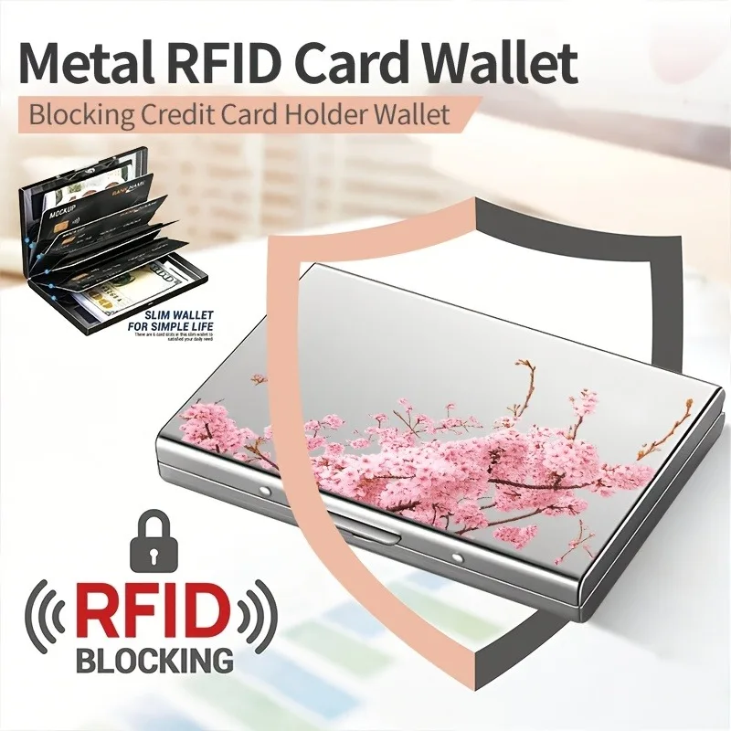핑크색 벚꽃나무 가지 패턴의 RFID 도난방지 금속 카드 홀더, 남녀공용, 안전하고 세련된 카드 보관함