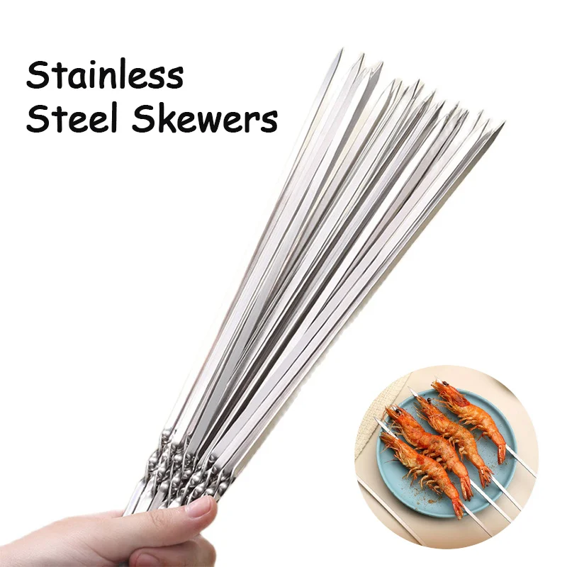 Stainless Steel Barbecue Skewer Reusable BBQ Skewers with Storage Tube BBQ Needle Stick for Outdoor Camping Picnic Flat Tool barbecue skewers