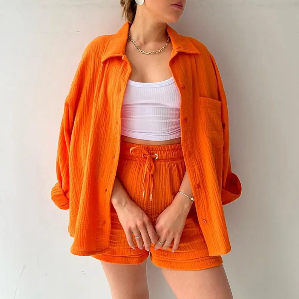 

2Pcs/Set Pleated Cotton Women Long Sleeve Shirt Shorts Set Oversized Shirt Shorts Two Piece Sets Spring Tops High Waist Shorts