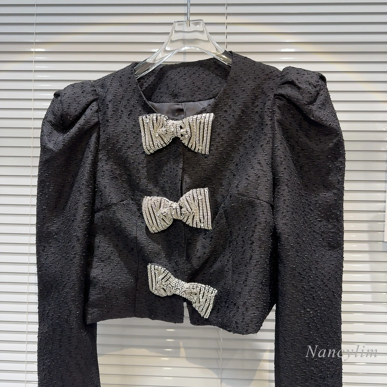 2023 Spring New Classic Style Rhinestone Bow Decoration Puff Sleeve Short Coat for Women Chic Top Outwears