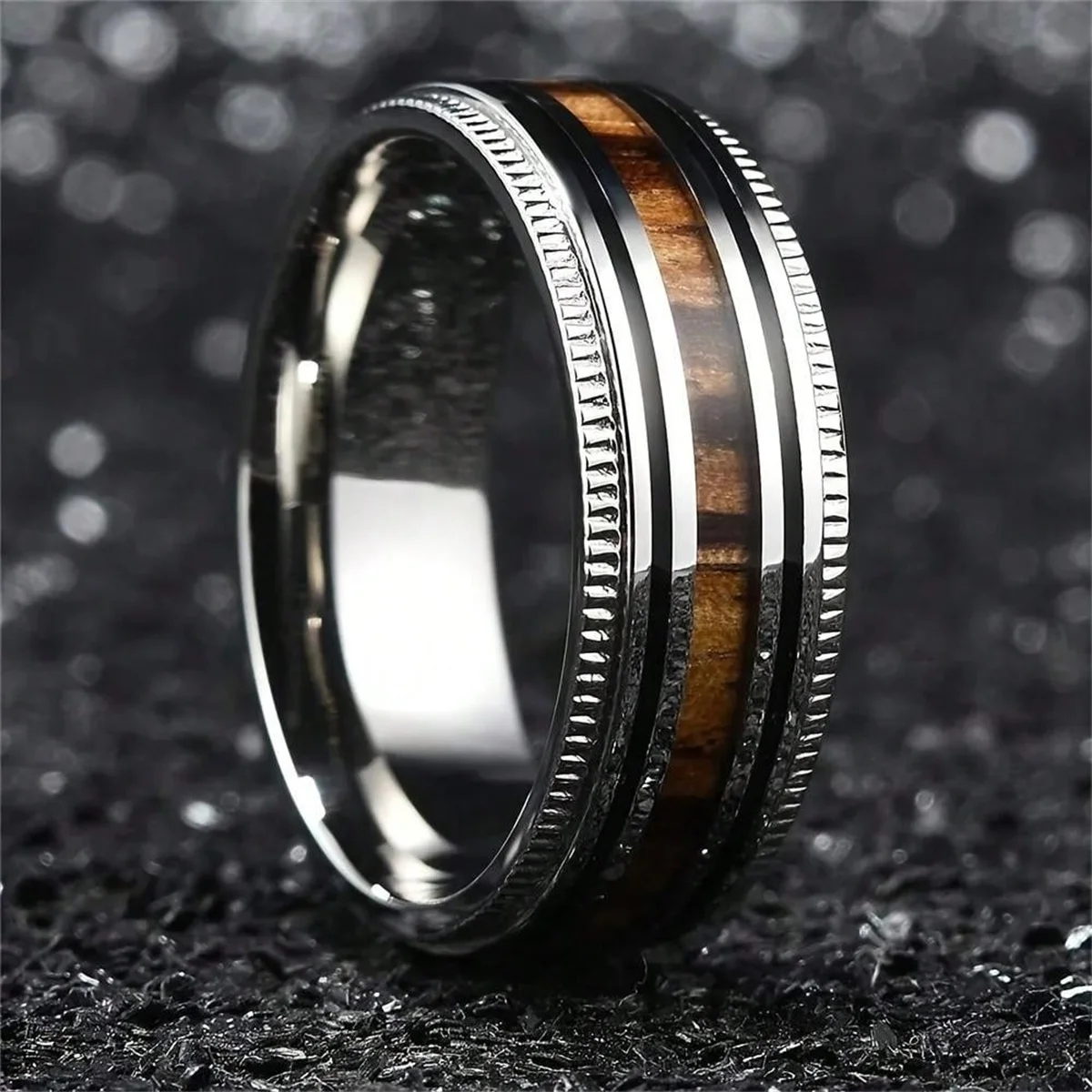 Fashion Silver Color Men Stainless Steel Koa Wood Rings Sawtooth Edge Engagement Rings For Men Women Wedding Party Jewelry Gifts