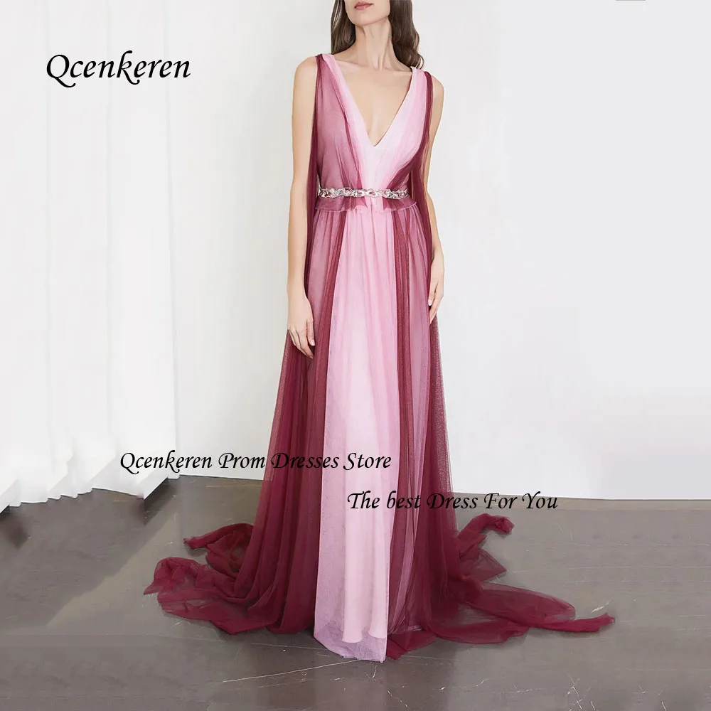

Qcenkern Pink V-Neck Prom Gown Slim Backless Tulle A-LINE Evening Gown Floor-Length Sleeveless Party Dubai Gown