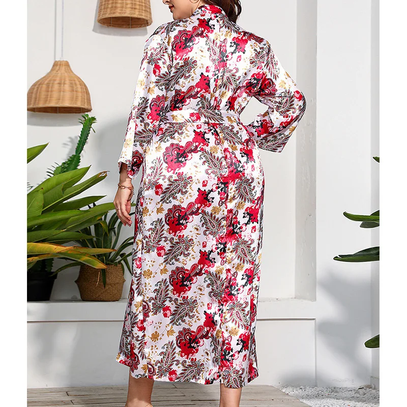 Thin Homewear Pajamas Spring Autumn Plus Size Women's Clothing V-Neck Lacing Floral Printing Silk-like Long Sleeve Midi Dresses