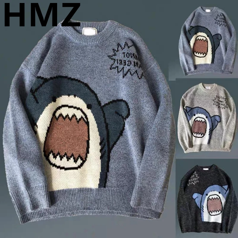 

HMZ Shark Sweater Winter Cartoon Harajuku Korean Y2k Oversized Turtleneck Hip Hop Loose Knit Jumper Pullover High Collar Sweater