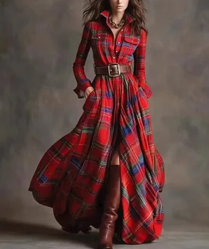 French Women's Plaid Dress Shirt Button Cardigan Lapel Fashion Belt Pocket Irregular Design A-line Long Skirt for Female 1