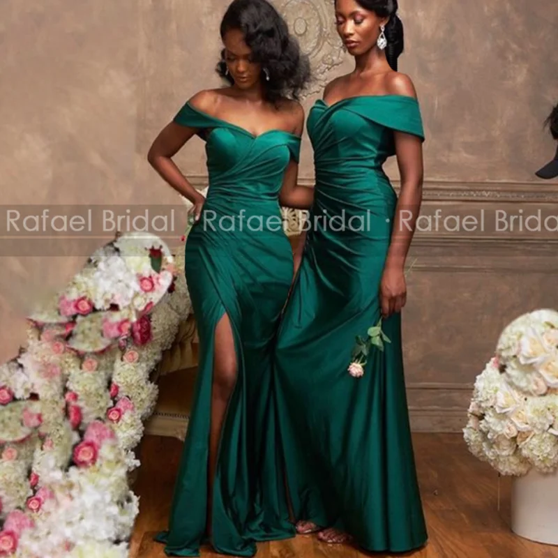 

Off Shoulder Pleat Side Split Bridesmaid Dresses For Women Long Mermaid Emerald Green Sheath Bridal Party Dress Maid Of Honor