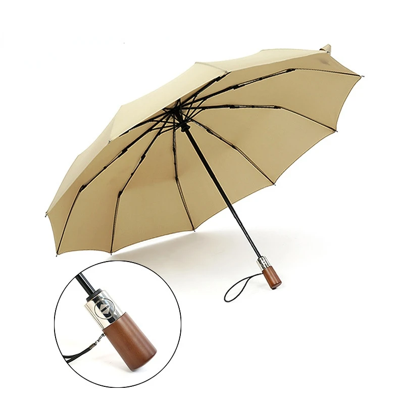 

Windproof Folding Umbrella for Men, Retro Solid Wood Handle, Automatic, Windproof, Strong Shade, Sun and Rain, Male Business