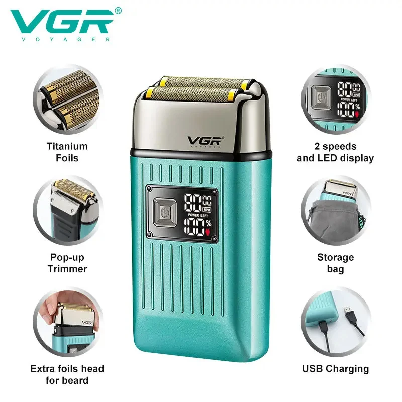 VGR V-357 왕복 면도기 합금 이중날 딥 클리닝 면도기 LED 지능형 디지털 헤어 트리머 및 미백 기능 포함