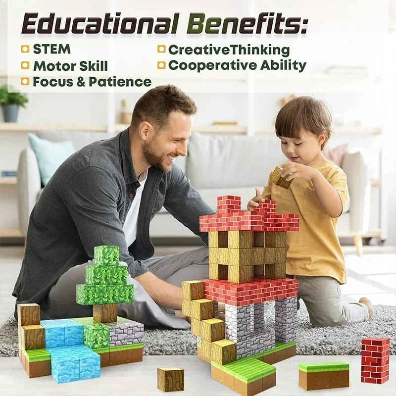 Magnetic Building Blocks Magnetic Assembly Toy Mine World Magnet Cube Set for Boy Girl Kid Age 3+ DIY Model Children Stem Sensory Educational Toy Gift