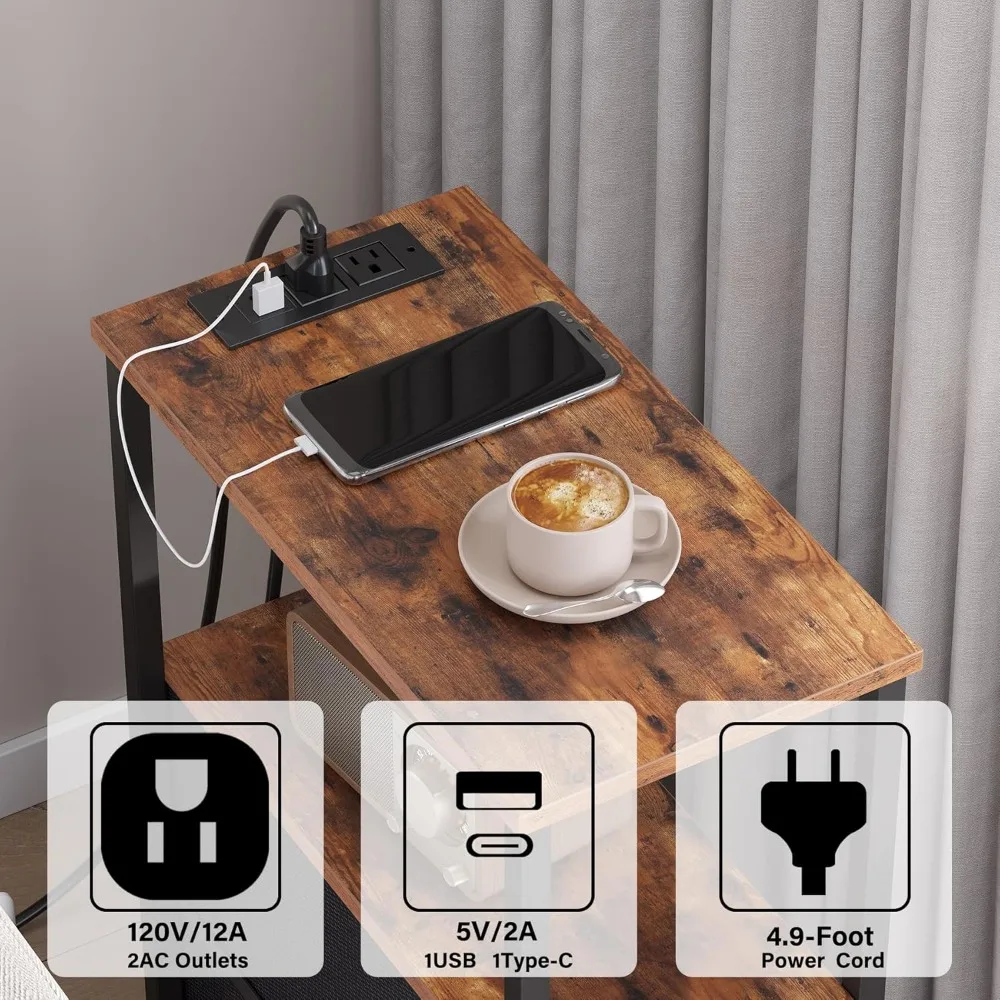 LED End Table with Charging Station, 2 Drawers, Outlets, Nightstand Set, Small Narrow Side Table for Couch, Living Room Furnitur