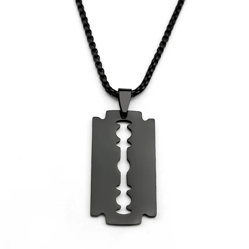 Gothic Blade Razor Pendant Necklaces Men Stainless Steel Black