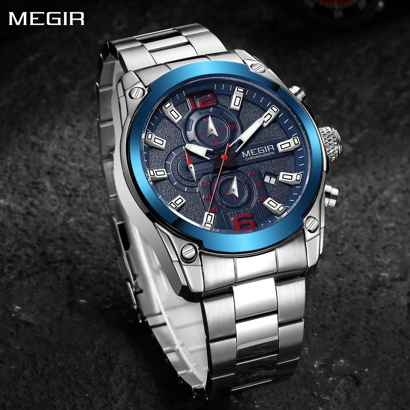 

MEGIR Original Luxury Men Chronograph Stainless Steel Wristwatch Waterproof Luminous Quartz Watch Clock Calendar Reloj Hombre