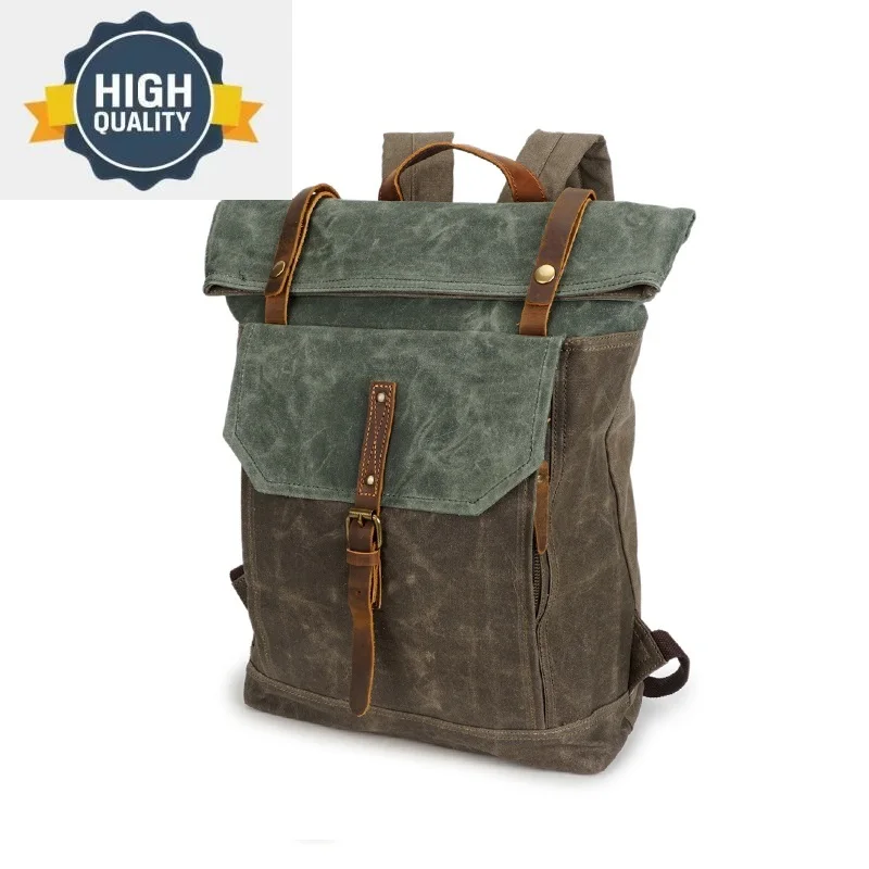 

Oil Waxed Vintage Canvas Leather Backpack Teenager School Bag Travel Waterproof Daypacks 14" Laptop Rucksack men/women bags