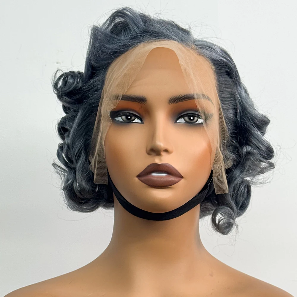 13x4 Transparent Lace Frontal Wigs Loose Bouncy Curly Human Hair Wig 250% Density Gray Short Wave Curly Wigs for Black Women