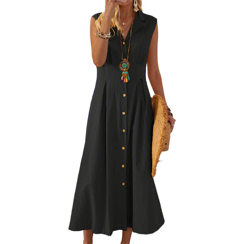 Beach Dress Women Solid Color Turn Down Collar Single Breasted Sleeveless A Line Long Dresses Vacation Party Dresses