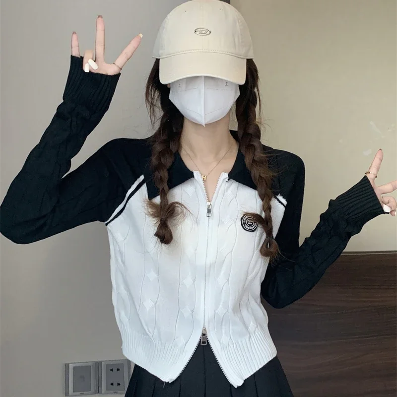 

American Retro Knit Cardigan Polo Collar Color Collision Long Sleeve Zipper Blouse High Street Office Lady Cropped Tops Female