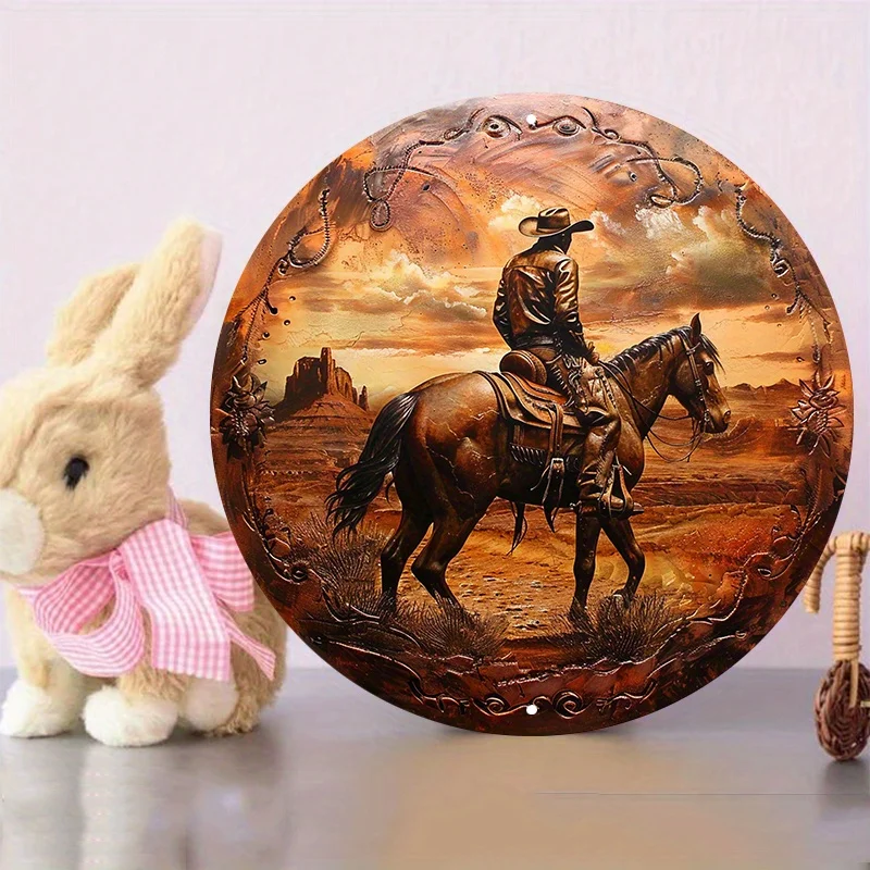 Rundes Wand schild aus Aluminium, wasserdicht, vor gebohrt, HD-Druck, strukturierter Touch, Cowboy im Wilden Westen, 8x8 Zoll, 1 Stck – Detail 7