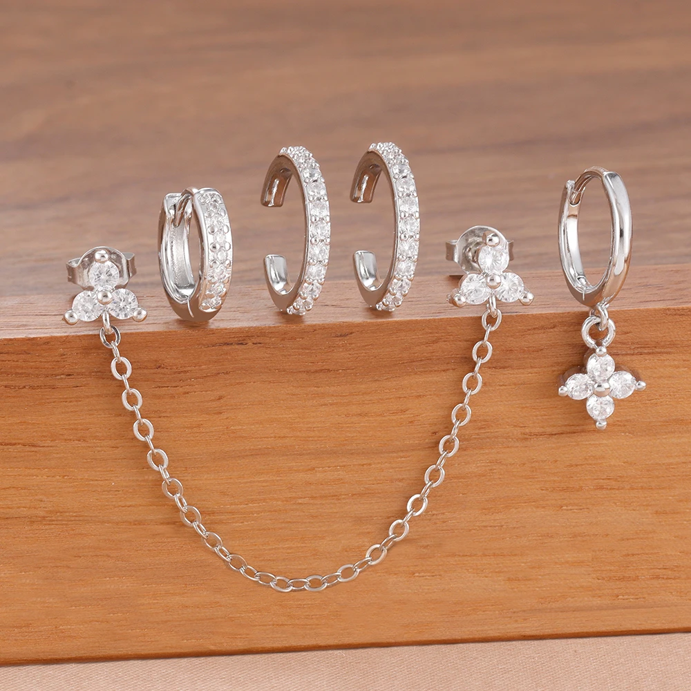 5PCS Mode Vier Zirkon Blume Hoop Ohrring Set Für Frauen Doppel Kette Quaste Piercing Schmuck Falsche Perforation Ohr Clip – Detail 6