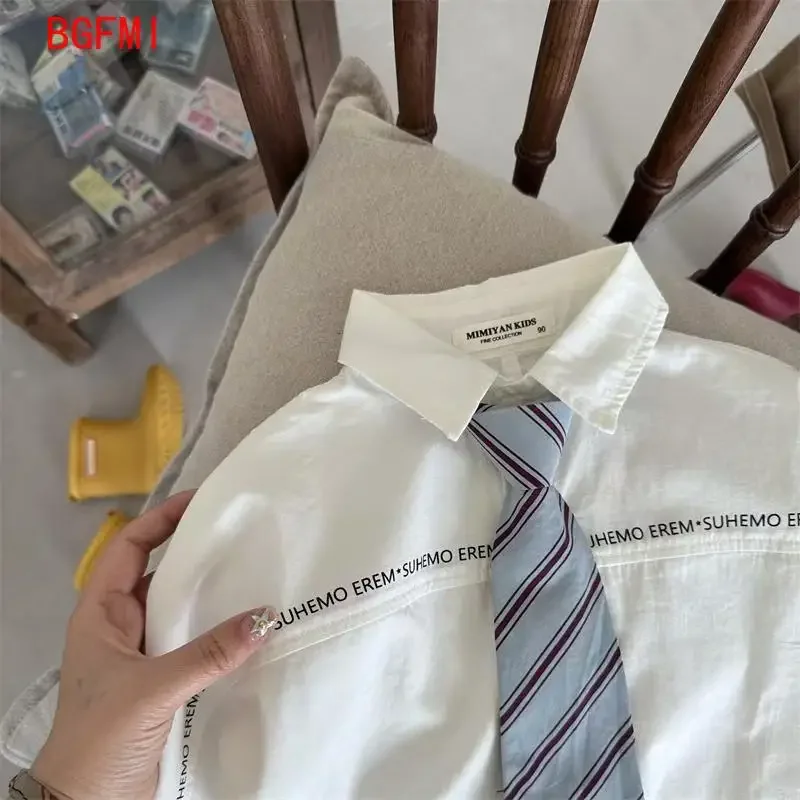 Children's Shirt Preppy Style Spring and Autumn New Boys Girls cotton Letter Tie Long Sleeved White Blouse Kids Loose Casual Top