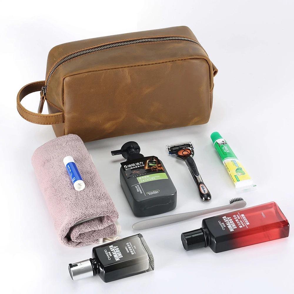 Crazy Horse Men's  Wash Bag Large Capacity Hand Bag Fitness Yoga Wash Bag Genuine Leather Handbag For Men