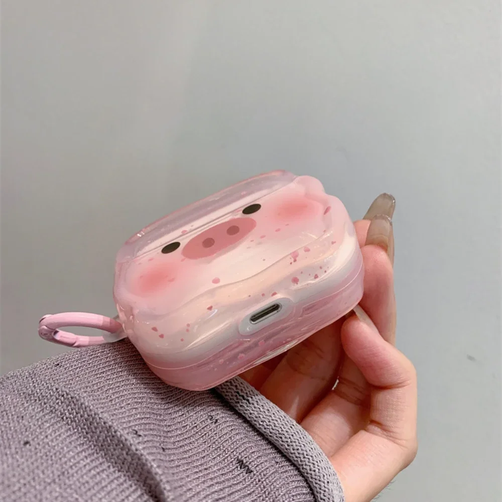 Cute Piggy Hair powder blusher Earphone Case For Apple Airpods 1 2 3 4 Pro Pro2 Plush Lanyard Case