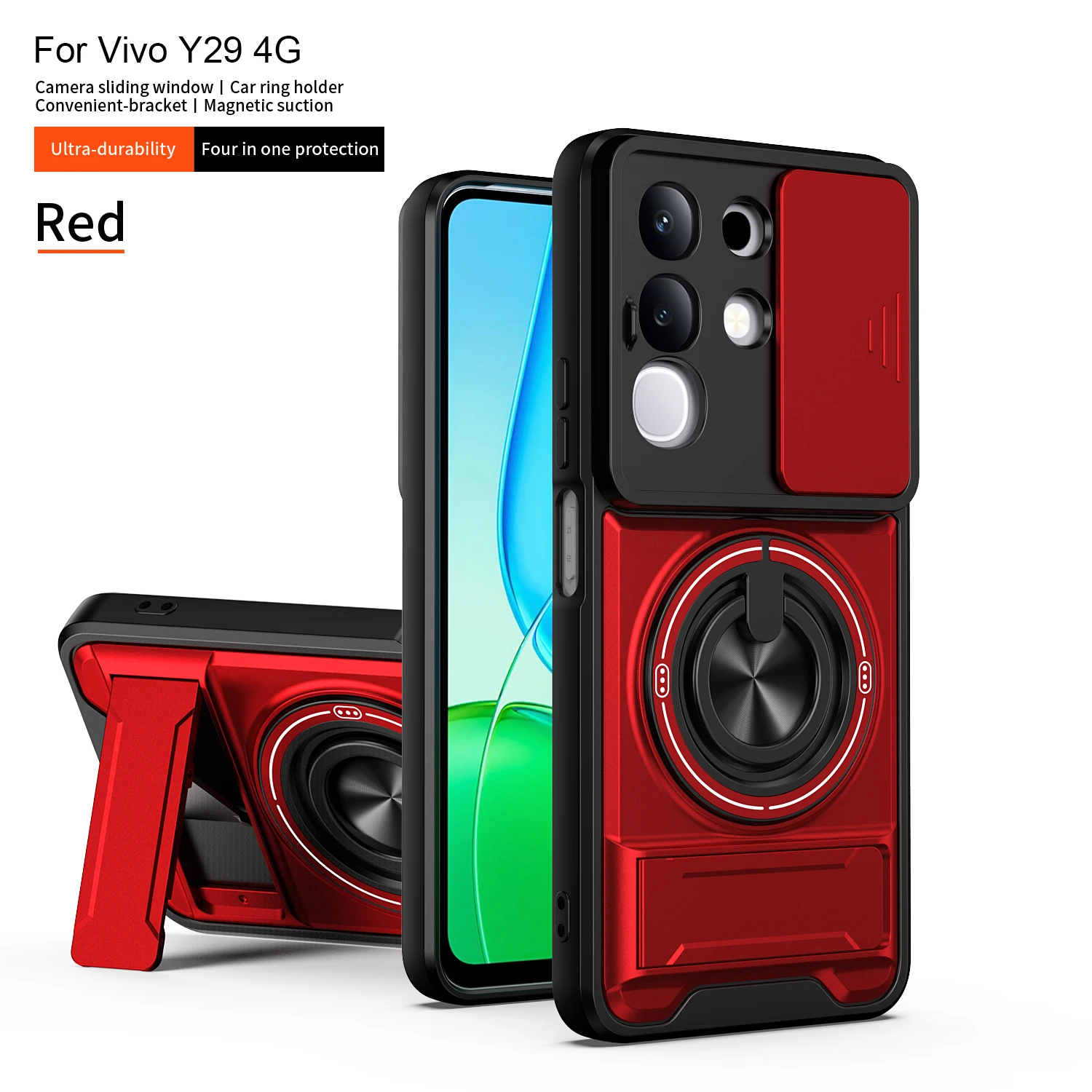 Camera Sliding Cover Phone Case with Double Bracket and Magnetic Ring Protection
