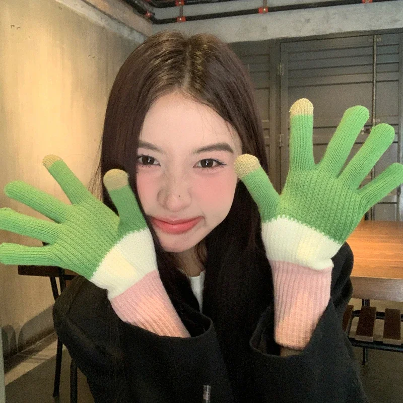 

Ins Cute Contrasting Color Knitted Gloves for Women Winter Outdoor Cycling Windproof and Warm Thickened Touch Screen Mittens