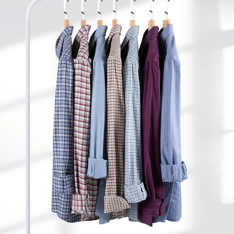 2024 spring and autumn men's new style 100% cotton brushed plaid striped square collar fitted long-sleeved shirt men's shirt