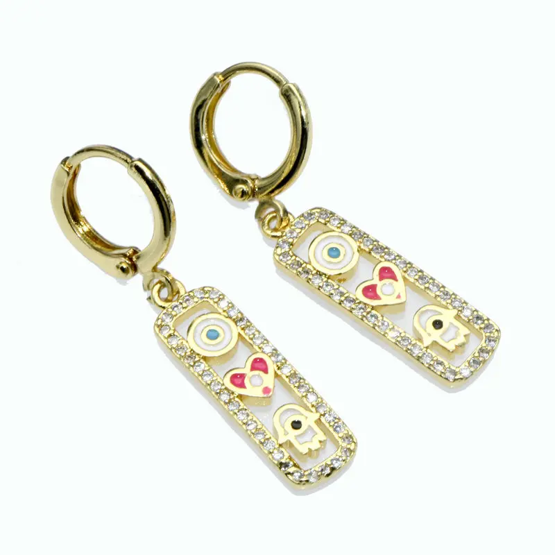 

Summer Season Color Remain Gold Plated Copper Multi Color Enamel Heart Evil Eye Rectangle Dangle Girl Hoop Earrings for Women