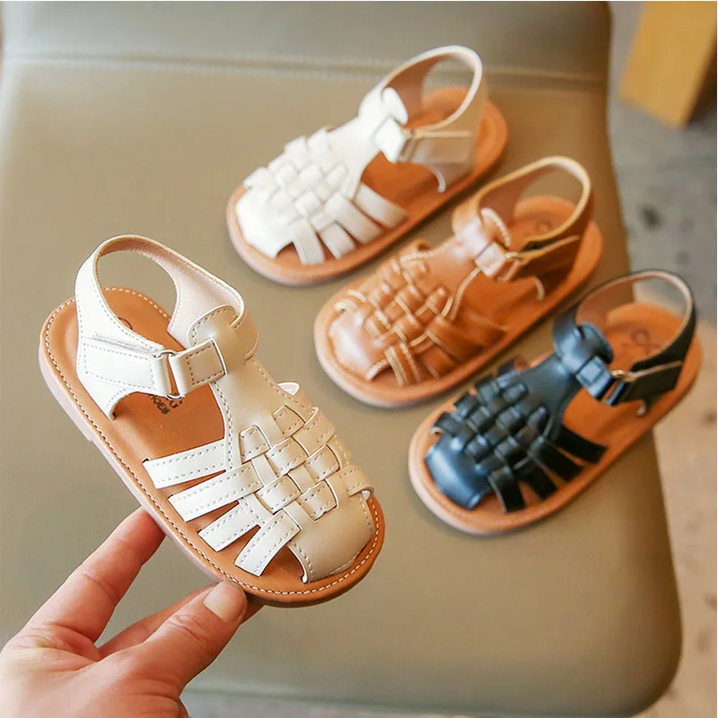 

2022 New Vintange Weave Solid Girl's Sandals Closed Toe Sandals for Girl Kids Baby Flat Girls Sandals Summer Kids Shoes