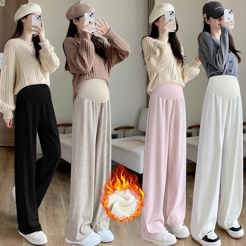 Winter Thick Warm Maternity Belly Pants Long Loose Casual Floor-length Pregnant Women's Wide Legs Trousers Fleece Boot Cut 0-10℃