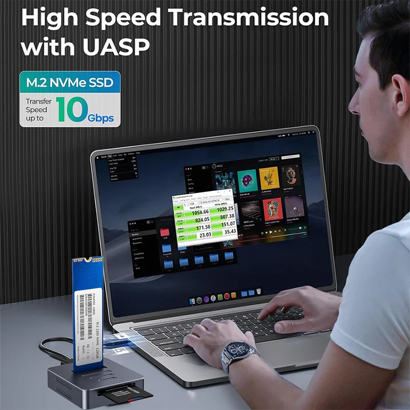 M.2 PCIE NVME SSD 하드 디스크 베이스 10Gbps 직접 연결 SSD 어댑터, SD 2.0 카드 또는 M2 SSD M 키&B+M 키 하드 드라이브 지원