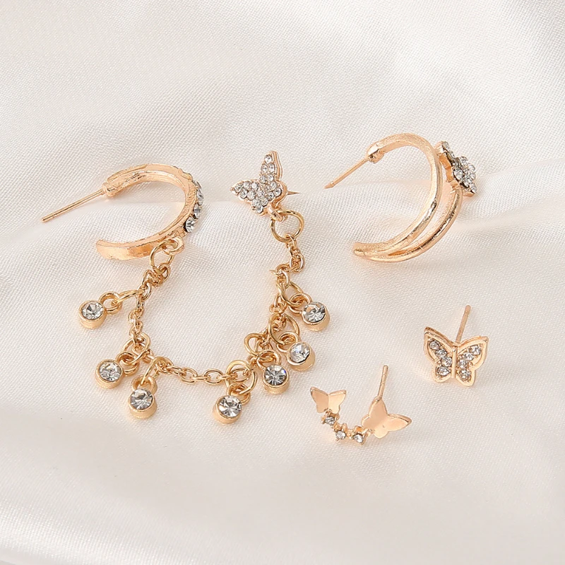 Women's Butterfly Stud Earrings Fashion Hollow Chain Set Ear Clip Jewelry