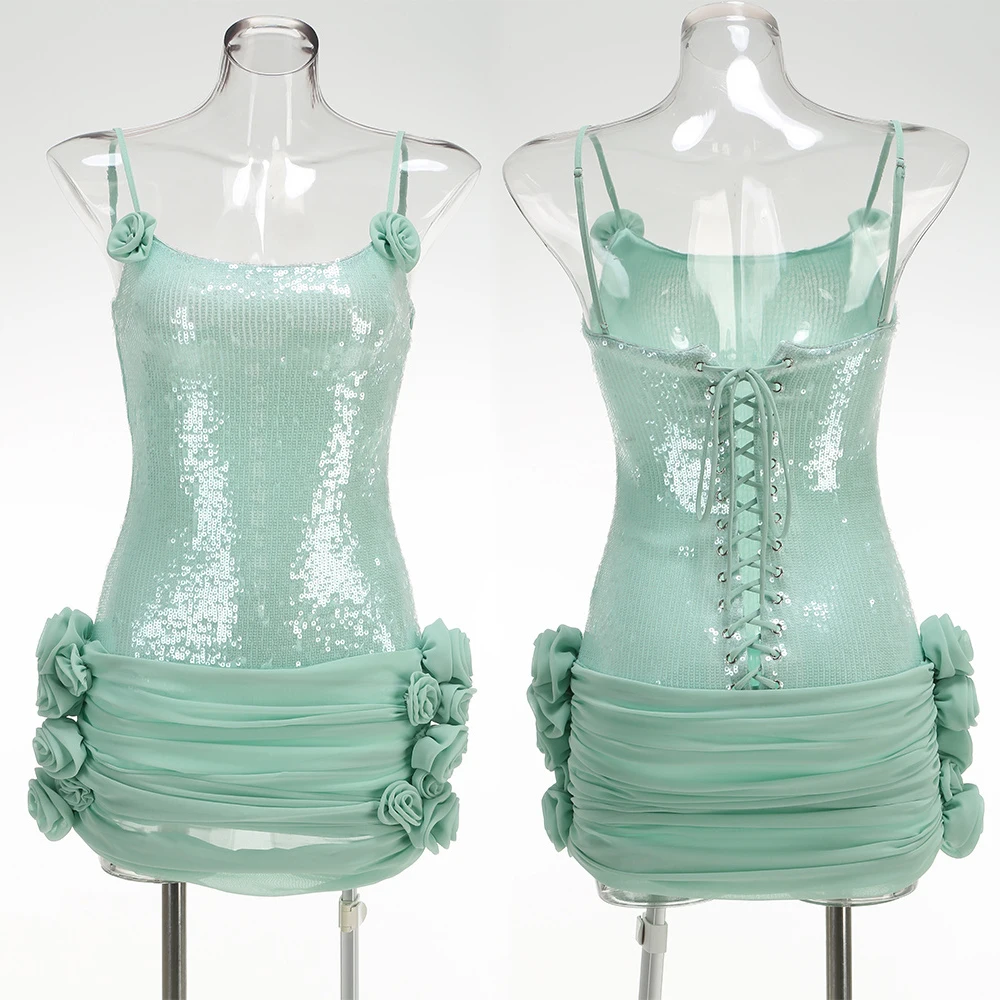 Mini robe sexy à paillettes scintillantes, sans manches, dos nu, à nouer, à fleurs, froncée, robes de bal, robe de soirée de cocktail, robe d'invité de mariage