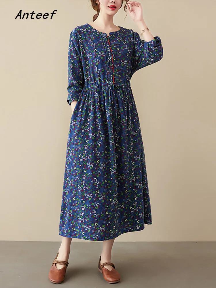 

Anteef long sleeve cotton vintage floral dresses for women casual loose spring autumn dress elegant clothing 2022