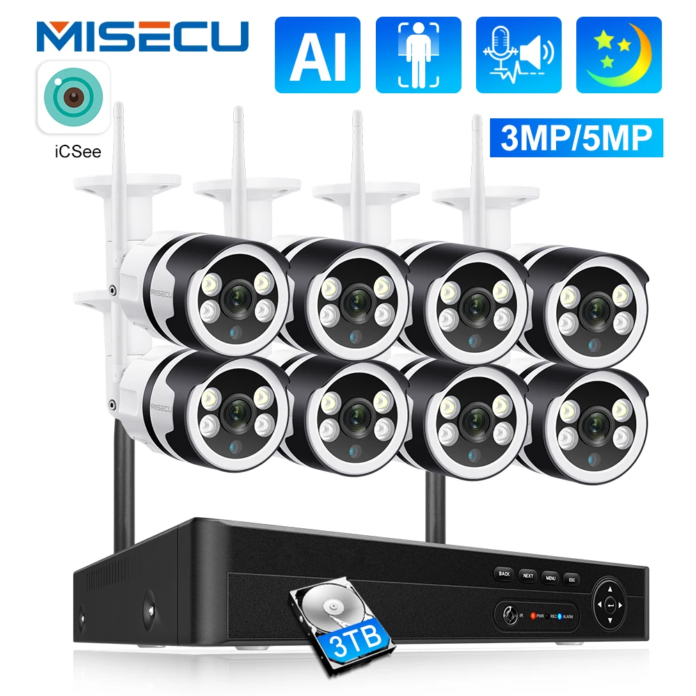 Misecu 3Mp 5Mp Hd Wireless Cctv System Audio Bidirezionale Impermeabile Wifi Ip Security Camera 8Ch Nvr Kit Di Videosorveglianza