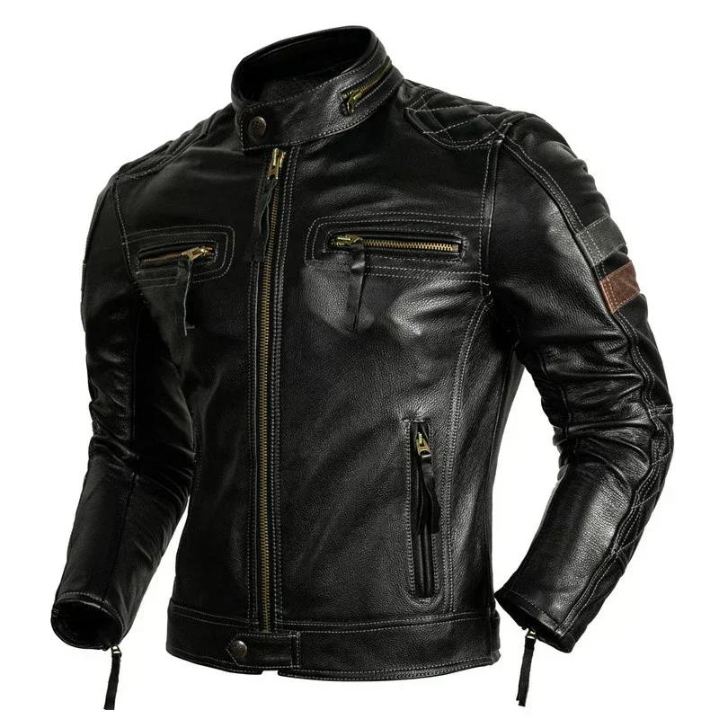 2025 first-layer cowhide, genuine leather jacket, stand-up collar trendy jacket, protective rider 3