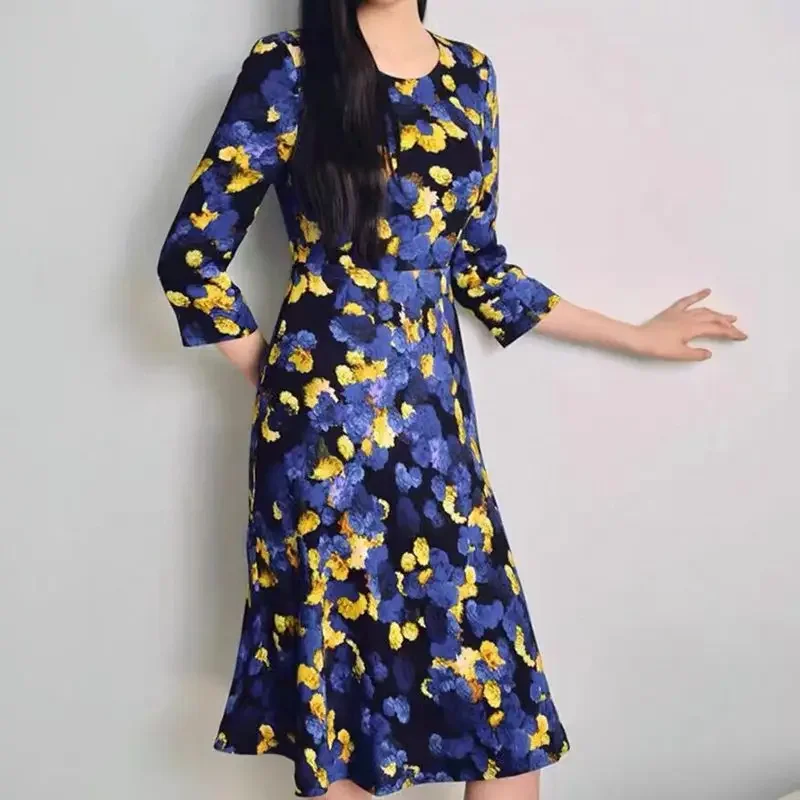 

Early Spring New Women Round Neck Three-quarter Sleeve Oil Painting Print Dress